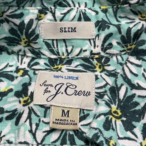 J Crew Linen Button Down Shirt Mens Medium Slim Floral Green Short Sleeve Preppy - Picture 3 of 6